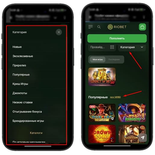 Категории слотов в Riobet Casino